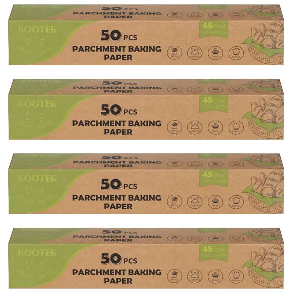 Four boxes of Kootek 4 Pack – Parchment Paper Baking Sheets, 12 x 16 inch, 50 sheets each—essential kitchen accessories with green-accented packaging and baking icons.